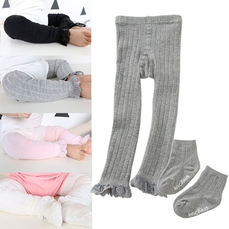 Bộ quần legging phối ren hoa và tất chống trượt cho em bé