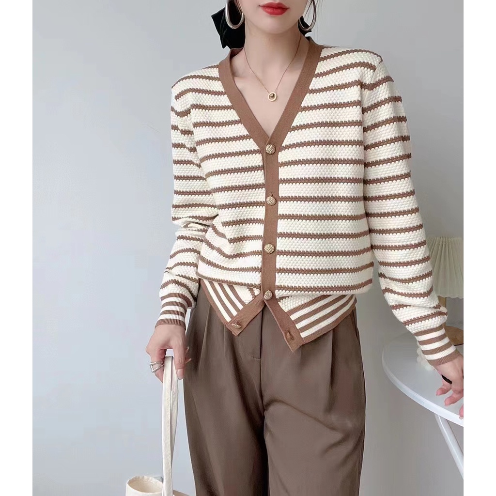 Áo cardigan dệt kim ZHELIHANGFEI tay dài dáng ôm kẻ sọc trẻ trung thời trang