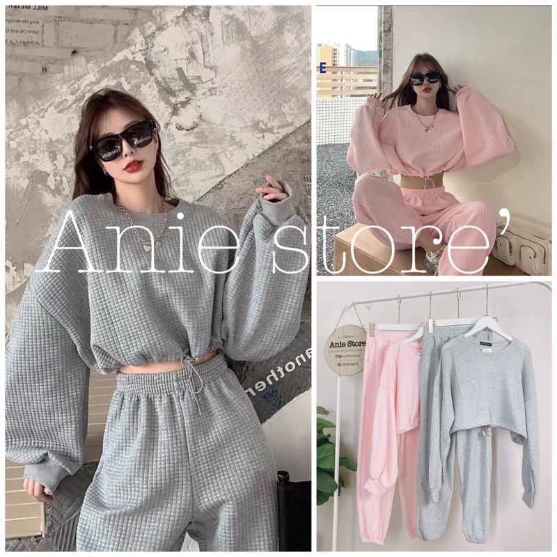 Bộ Áo Croptop Nỉ Quần Jogger 🦋 Set Áo Quần Cotton Tổ Ong Dáng Rộng 2 Màu 🦋