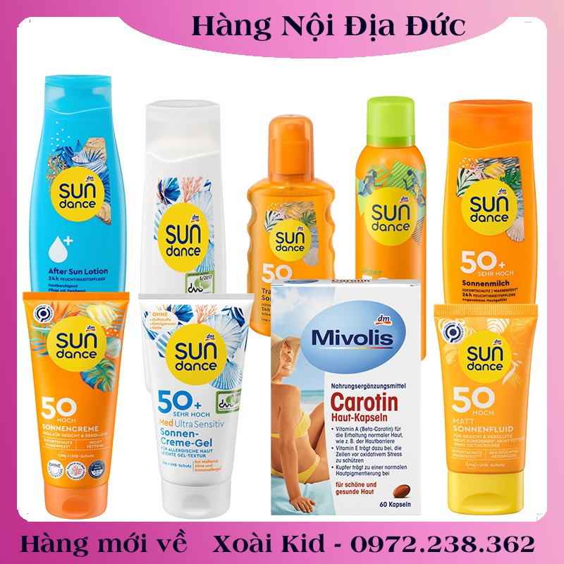 Bộ Viên uống chống nắng trắng da Carotin Mivolis, kem chống nắng Sundance, Nivea của Đức