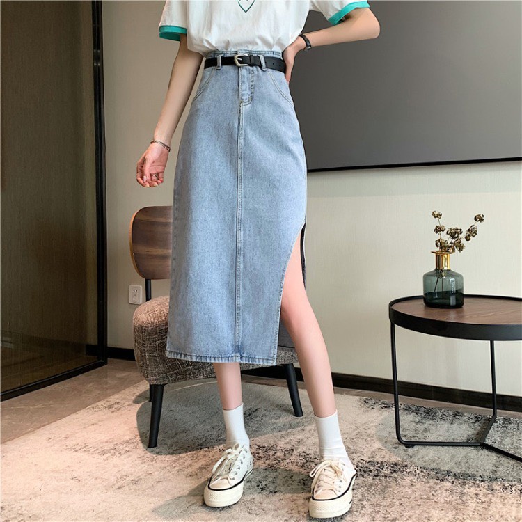 Chân Váy Jeans Dáng Dài Cạp Cao Xẻ Sườn Phong Cách Ulzzang - V4
