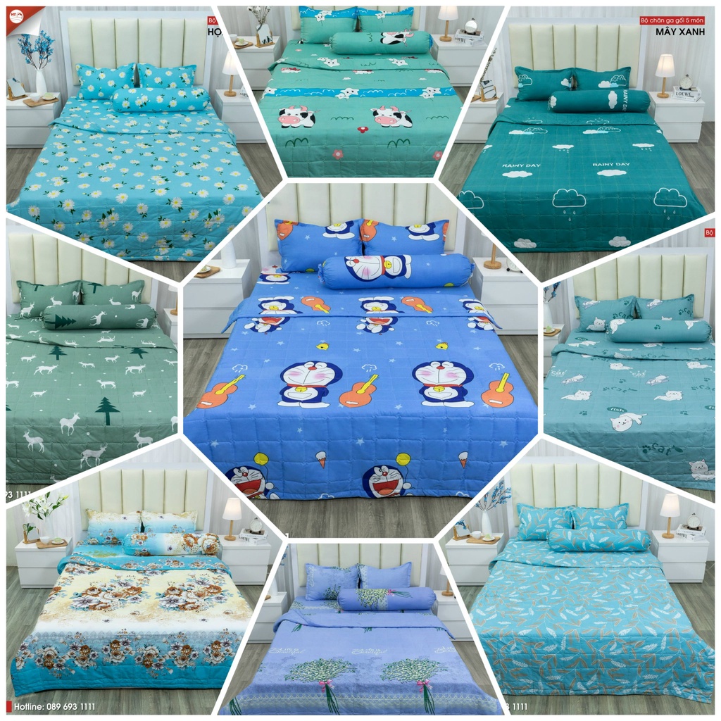 Bộ Ga Gối 4 Món Cotton Polly In Hình 3D Tone Xanh Dương Mát Mẻ 👉 By H&T Chăn Ga Gối Cao Cấp