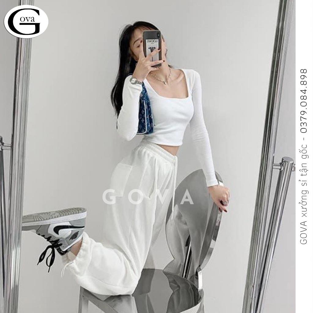 Áo Cổ Vuông Tay Dài Croptop, Áo Kiểu Vải Thun Cotton Cao Cấp Mịn Co Giãn Tốt GOVA
