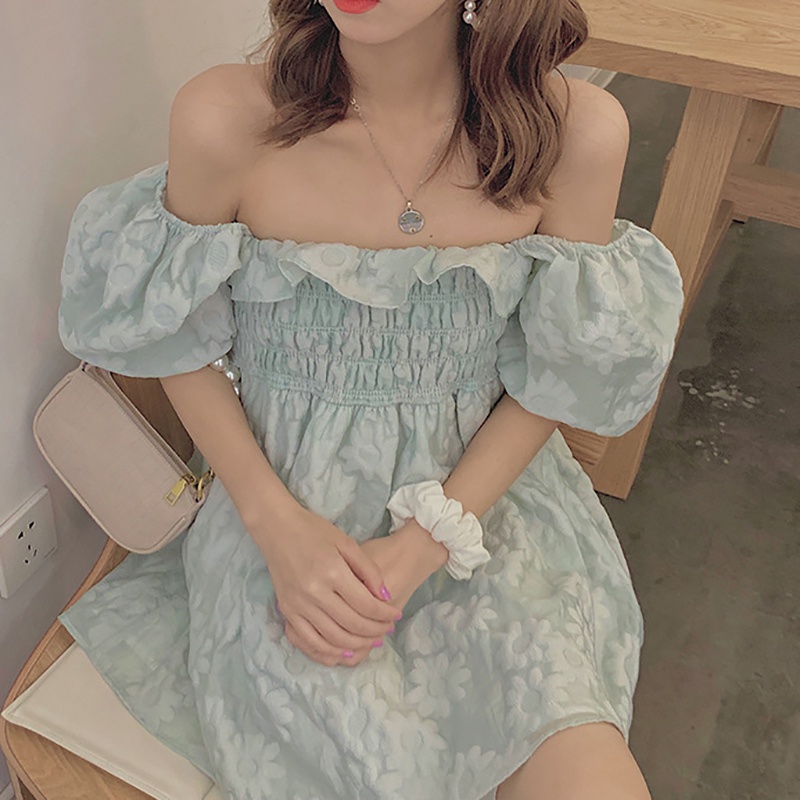 IELGY  Đầm Trễ Vai Tay Phồng Màu Trơn Mỏng Nhẹ Giảm Béo Thời Trang