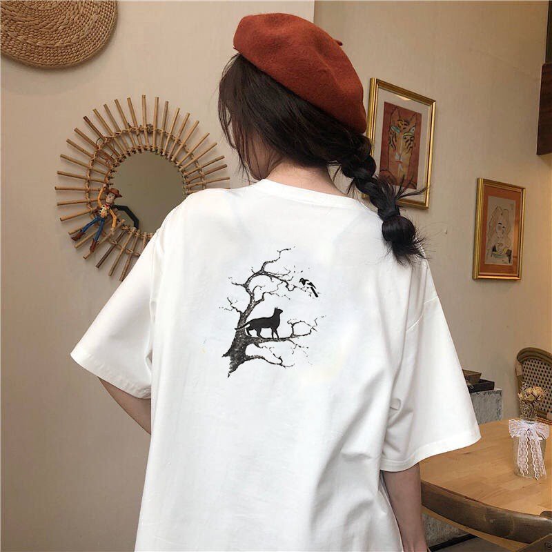 Áo thun tay lỡ nữ form rộng mèo và chim form rộng vải dày mịn 2020T1819