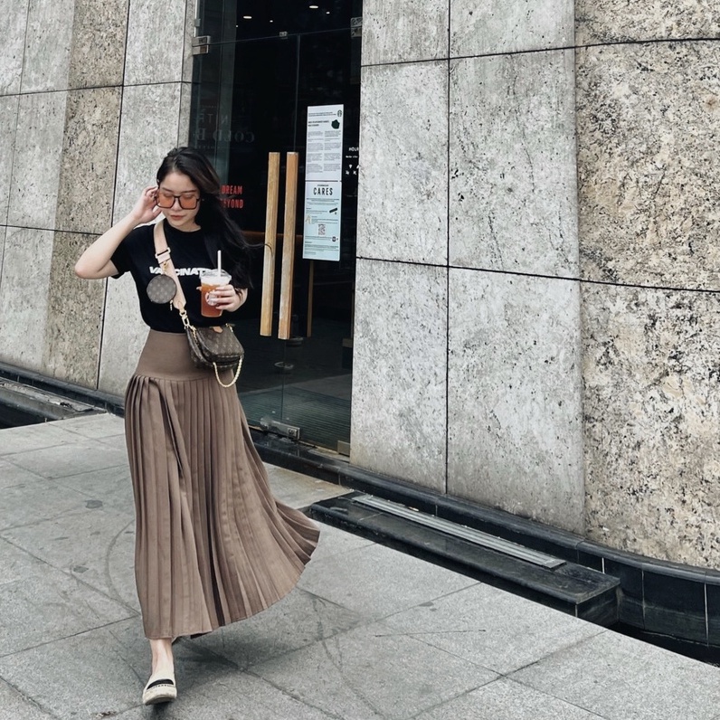 Chân váy xếp ly midi KHALES vải tuyết mưa loại xếp nhỏ 3 màu xám, nâu và đen