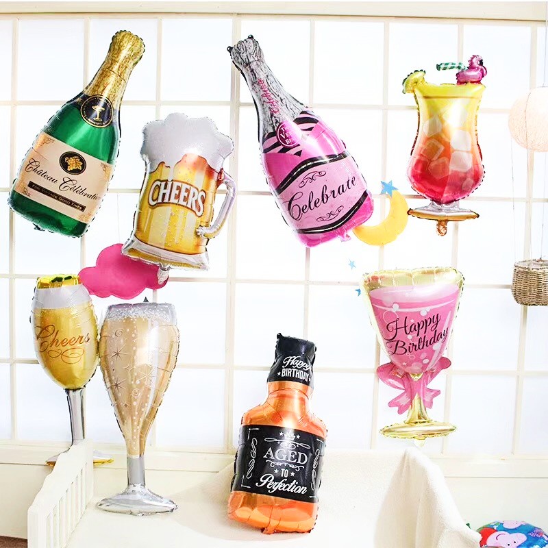 Bóng Nhôm Chai Ly Rượu, Bóng Kiếng Hình Chai Ly Champagne, Trang Trí Ngày Cưới, Tân Hôn, Party Sang Chảnh, Tiệc Mừng