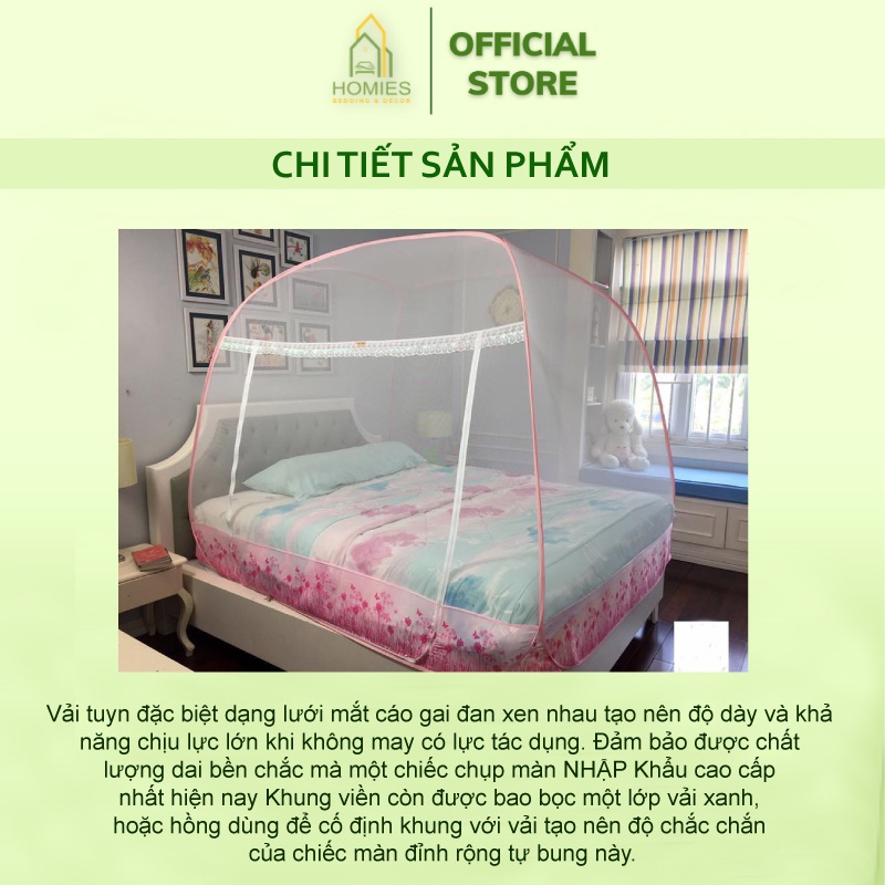 Mùng Chụp Tự Bung HOMIES Đỉnh Vuông Chân Viền Chống Muỗi Cao Cấp