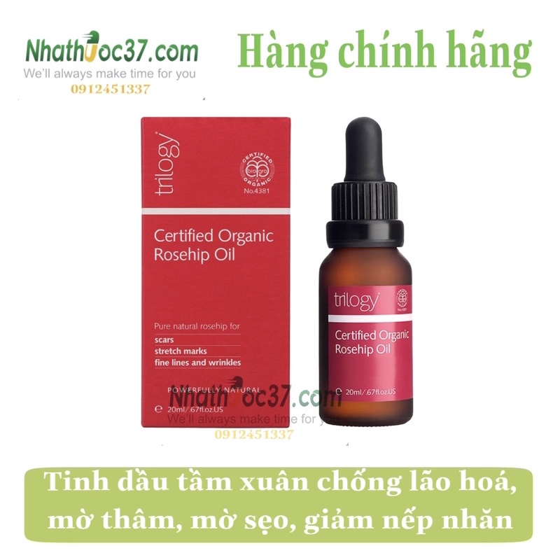 Trilogy Certified Organic rosehip oil - tinh dầu tầm xuân mờ thâm sẹo, sáng mịn da, làm mờ vết rạn da, giảm nếp nhăn