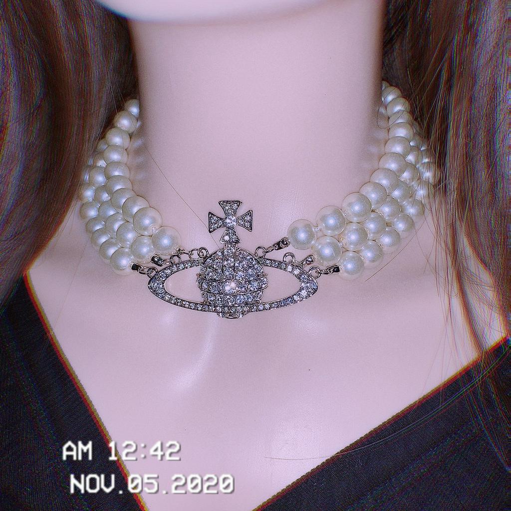 Dây chuyền choker ba lớp đính hạt ngọc trai giả phong cách cổ điển