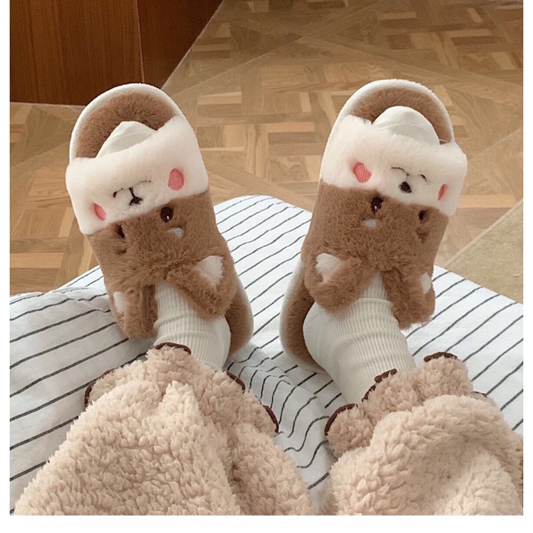Dép bông đi trong nhà hình con gấu có tai màu nâu