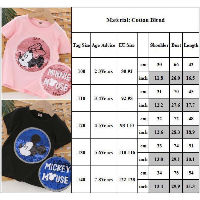 Áo thun Tay Cho Bé Ngắn Mùa Mickey cổ tròn in hình chuột Bé Gái 1-8Years