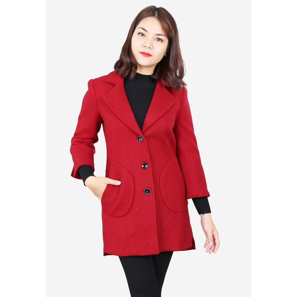 Áo măng tô 2 lớp dạ len đỏ đô cổ 2 ve to vuông (cổ K) xẻ sườn túi ốp The One Fashion AKH062DO3