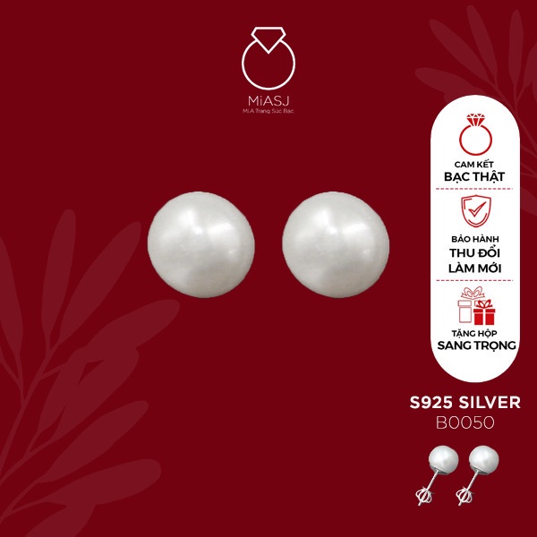Bông tai nữ bạc Ý S925 MiASJ B0050 bông hôt trai nhân tạo chốt vặn, thanh lịch sang trọng