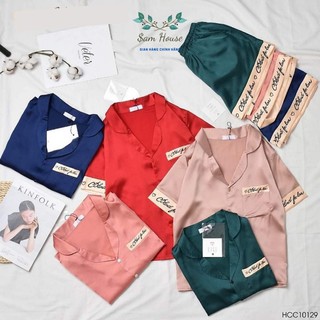 Pijama lụa cộc đùi, bộ mặc nhà, bộ ngủ lụa tay cộc quần đùi viền chữ ký mềm mại siêu sang