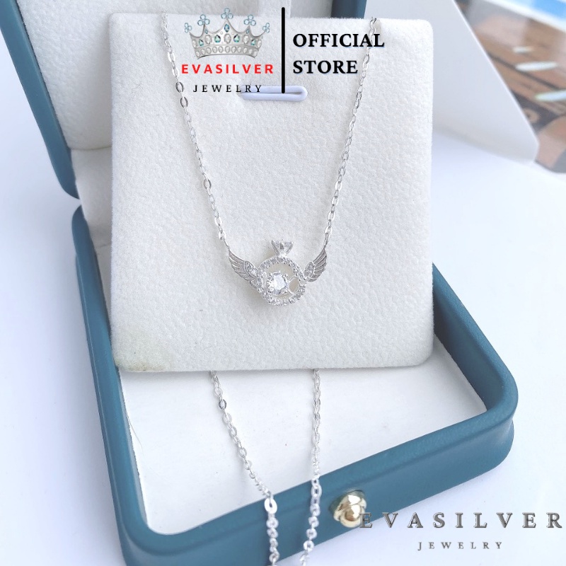 Dây chuyền bạc nữ Evasilver hình đôi cánh đính mặt đá tròn, dây chuyền chuẩn bạc ta sang trọng nữ tính