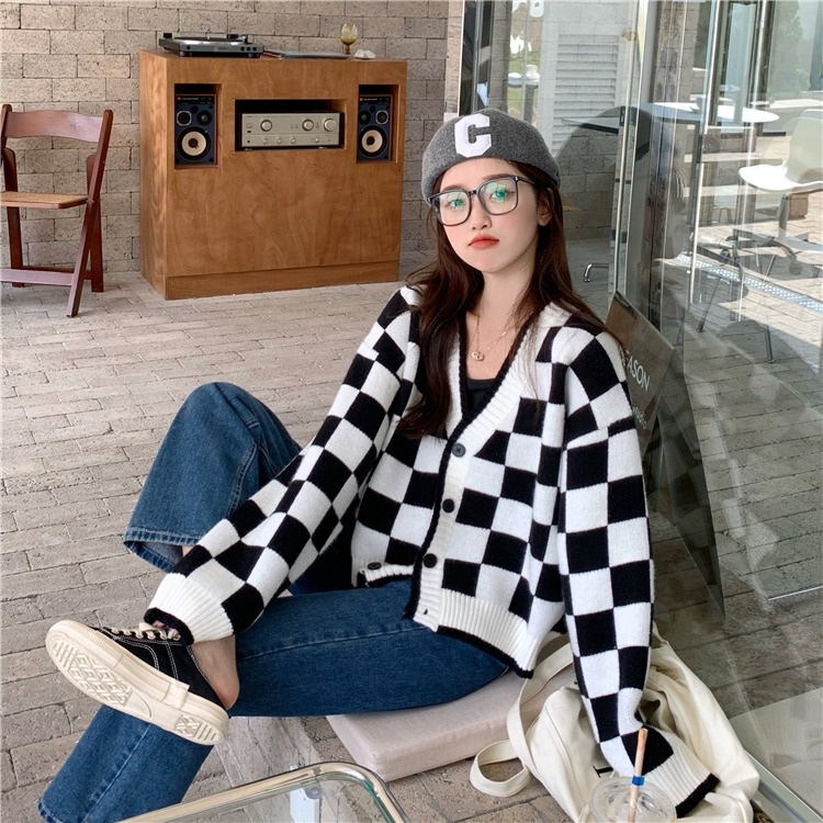 ZHELIHANGFEI Áo khoác cardigan len nữ dài tay kiểu hàn họa tiết kẻ caro phối màu đẹp dễ thương