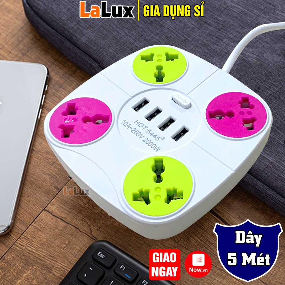Ổ Cắm Điện Đa Năng Dây Dài 5 Mét, 4 Phích Cắm, 4 Cổng Sạc USB - Ổ Cắm Điện Chống Giật Gia Dụng Lalux