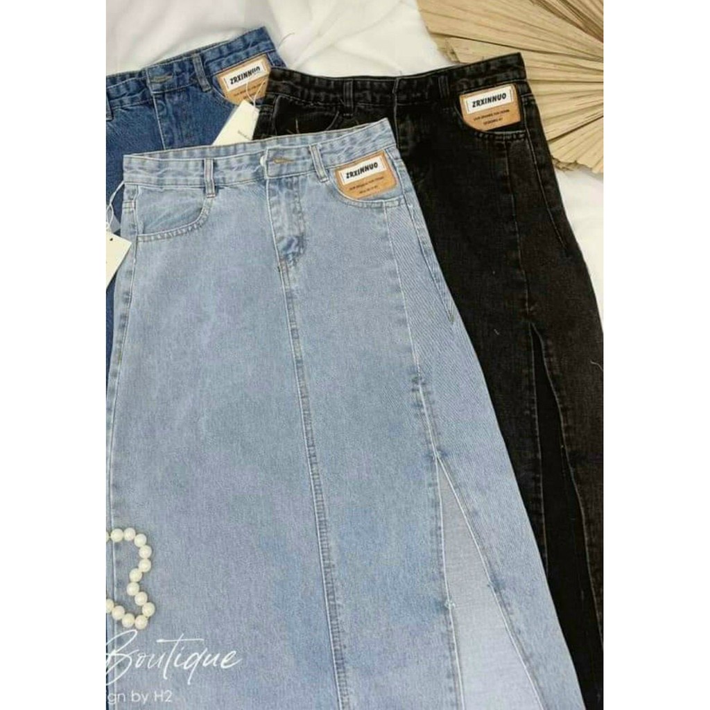 Chân Váy Jeans Dáng Dài Lưng Cao Chữ A Xẻ Tà Thời Trang Cho Nữ