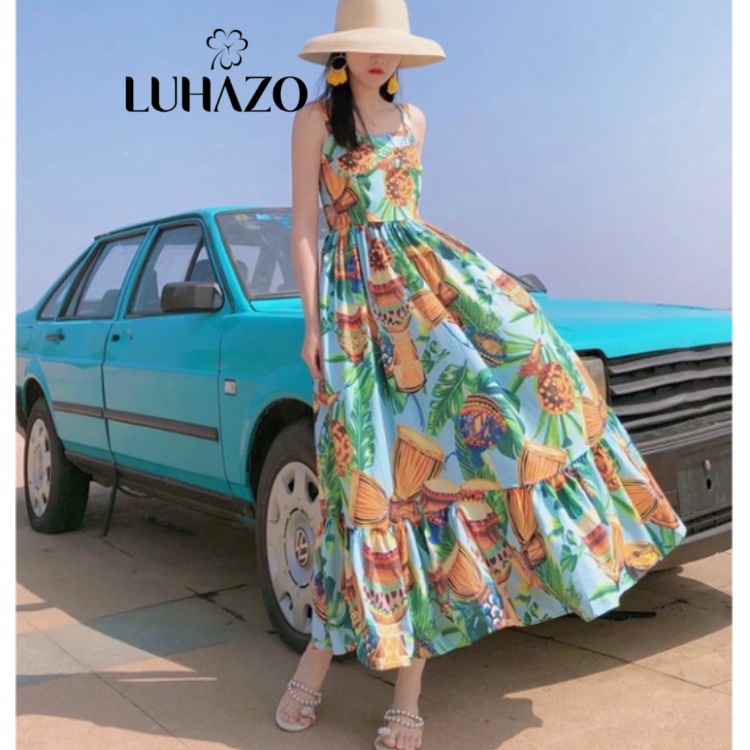 Váy hoa maxi LUHAZO 2 dây đi biển đi chơi hở lưng dáng dài rộng bigsize kiểu sang chảnh Hàn Quốc dk7t503