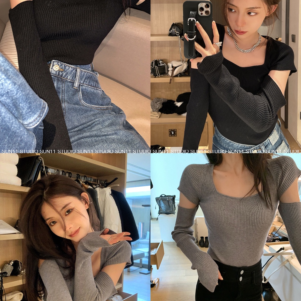 Áo dệt kim SUXI tay dài ôm dáng thời trang quyến rũ cho nữ