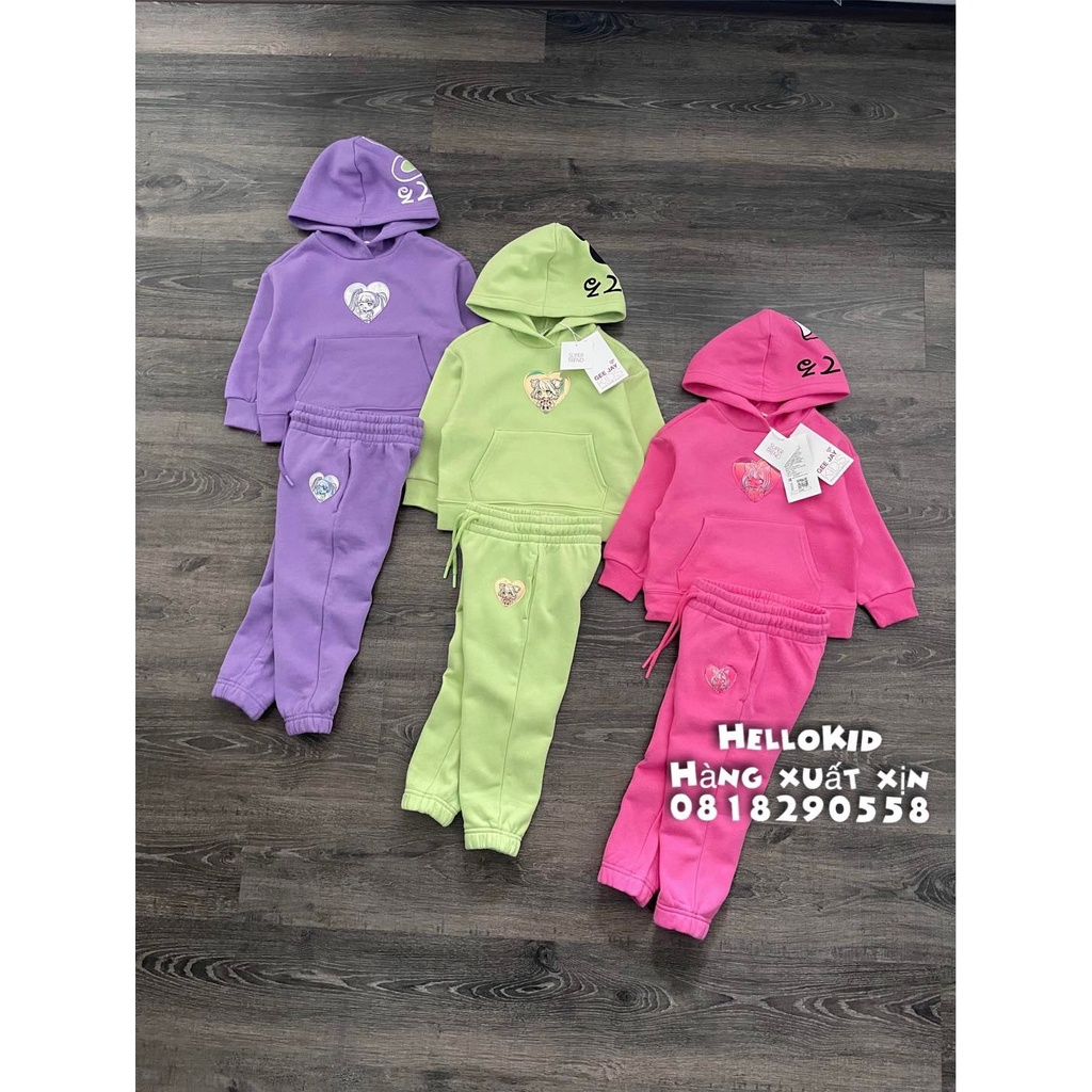 B341 - Bộ nỉ trơn hoodie bé gái huy hiệu bóng