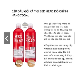 Cặp dầu gội xả Tigi Bedhead 750ML, Dầu gội Tigi đỏ giúp phục hồi tóc hư tổn, giảm gãy rụng mang lại sự mượt mà