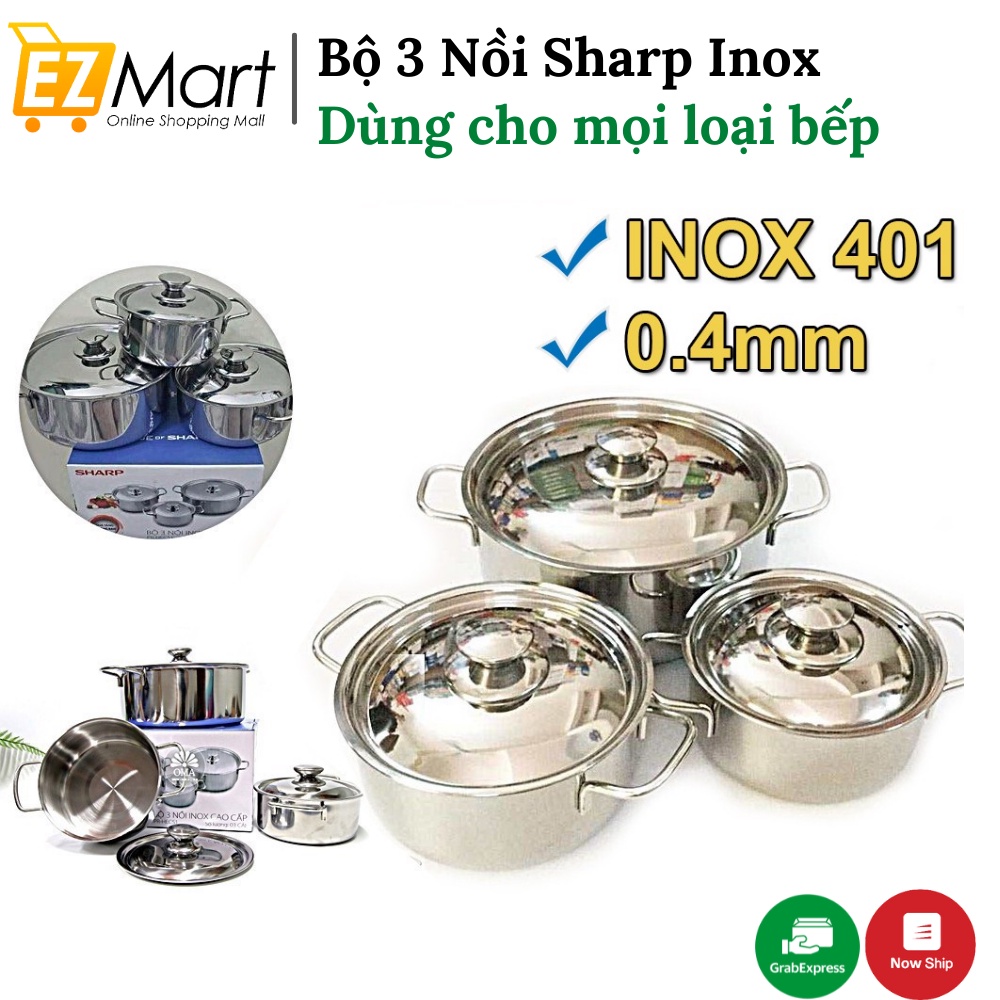 Bộ 3 Nồi Inox Kích Thước 16-24cm, Bộ Nồi SHARP Cao Cấp Dùng Cho Mọi Loại Bếp Ga, Bếp Từ, Bếp Hồng Ngoại