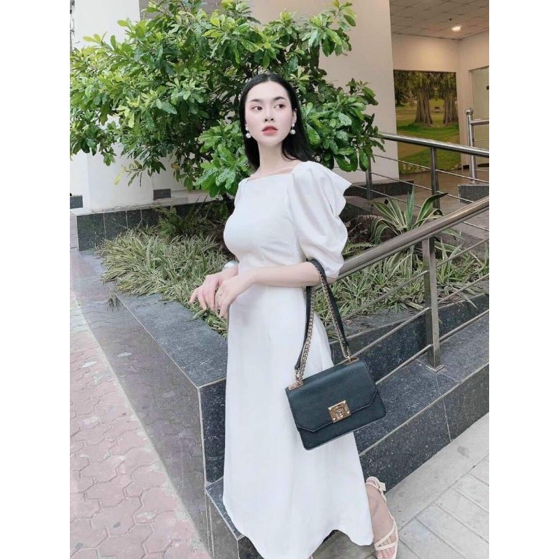 đầm midi trắng đũi lụa tay bồng cổ vuông