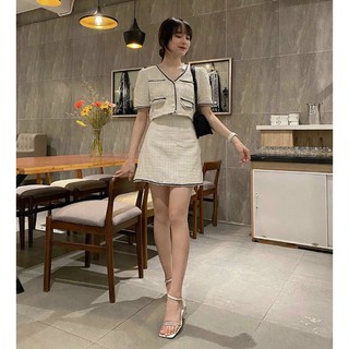 Set croptop dạ 2 túi , chân váy