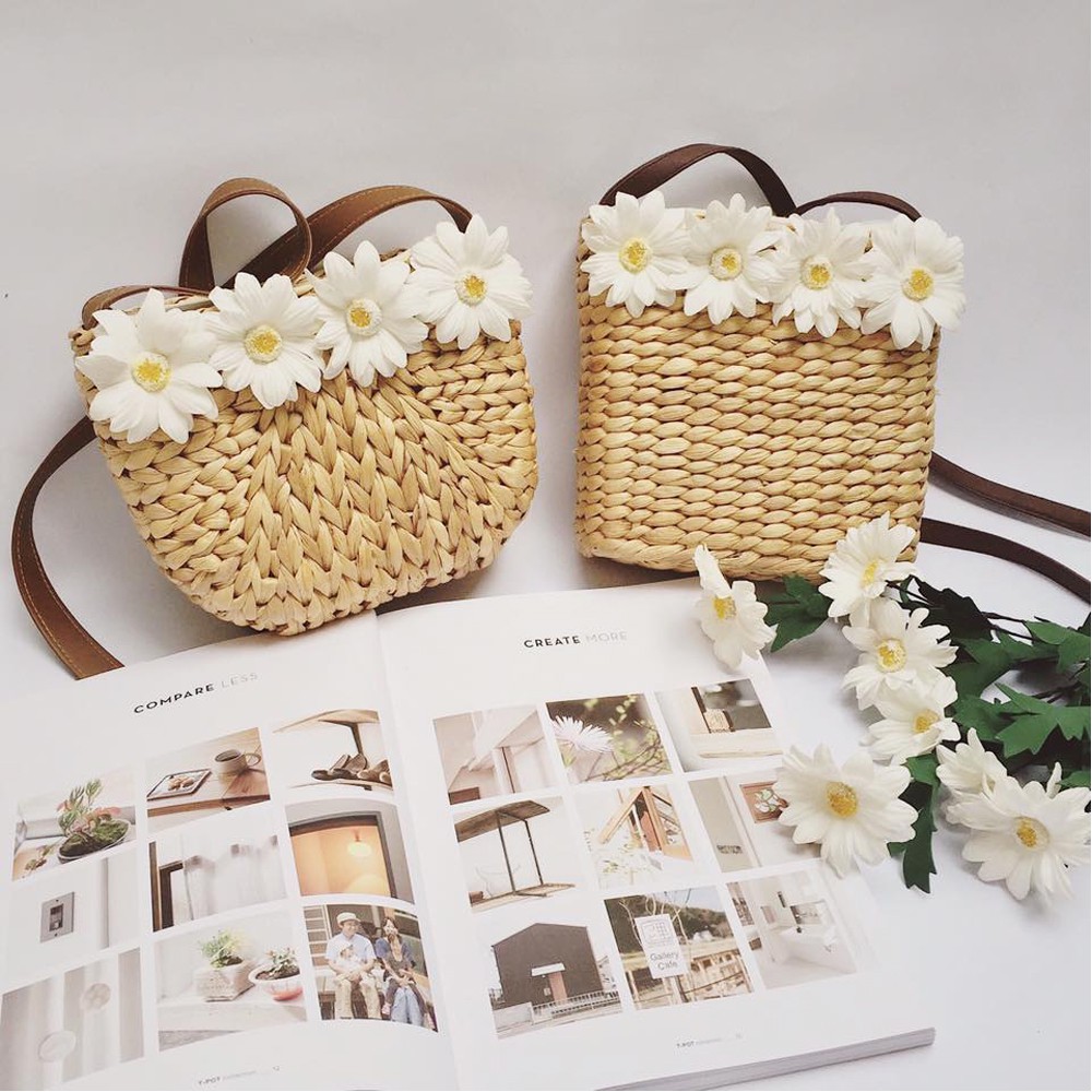 Combo Túi cói hoa cúc vintage + 1 đôi hoa cài tóc | BigBuy360 - bigbuy360.vn