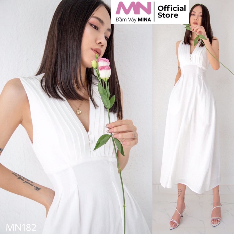 Đầm váy trắng dự tiệc MINA chất liệu Cotton thiết kế cổ V dáng xòe dài sang trọng phù hợp dạ hội, tiệc tùng - MN182