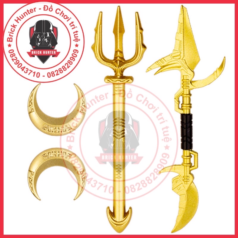 Phụ kiện minifigures vũ khí màu vàng kim của các siêu anh hùng đinh ba của Namor thương của Corvus móc của Moon Knight