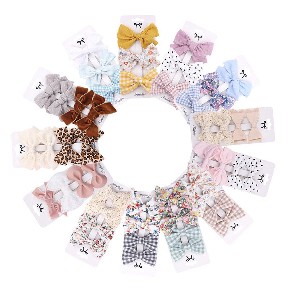 Bộ 4 Kẹp Tóc Cotton Lanh In Họa Tiết Caro / Nơ Xinh Xắn Cho Bé Gái