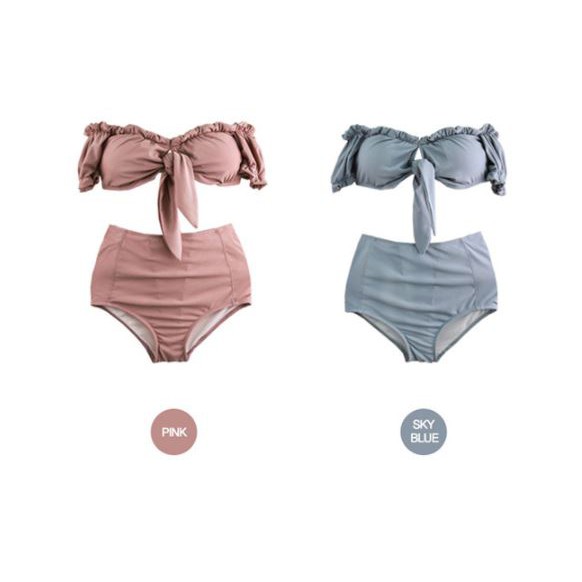 Bikini xanh pastel màu đẹp Hàn Quốc 2 mảnh, đồ bơi cột nơ ngực dễ thương tôn dáng che khuyết điểm