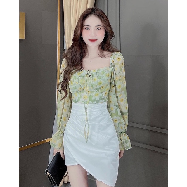 Set áo hoa xanh chân váy trắng vạt