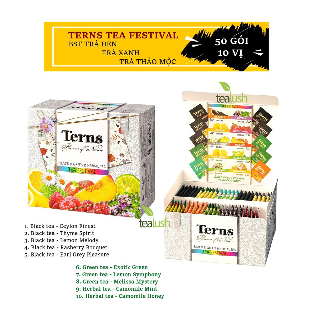 HỘP QUÀ - HỘP TRÀ TERNS TEA FESTIVAL 10 VỊ, 50 GÓI