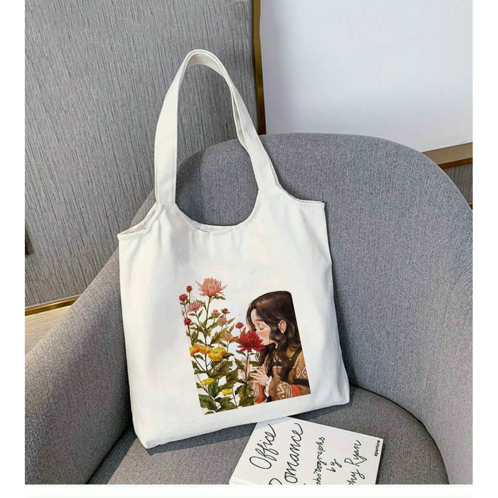 Túi Tote *BẦU* Vải Canvas đeo vai CÔ GÁI VÀ HOA - Hàn Quốc Có Khóa Miệng Túi