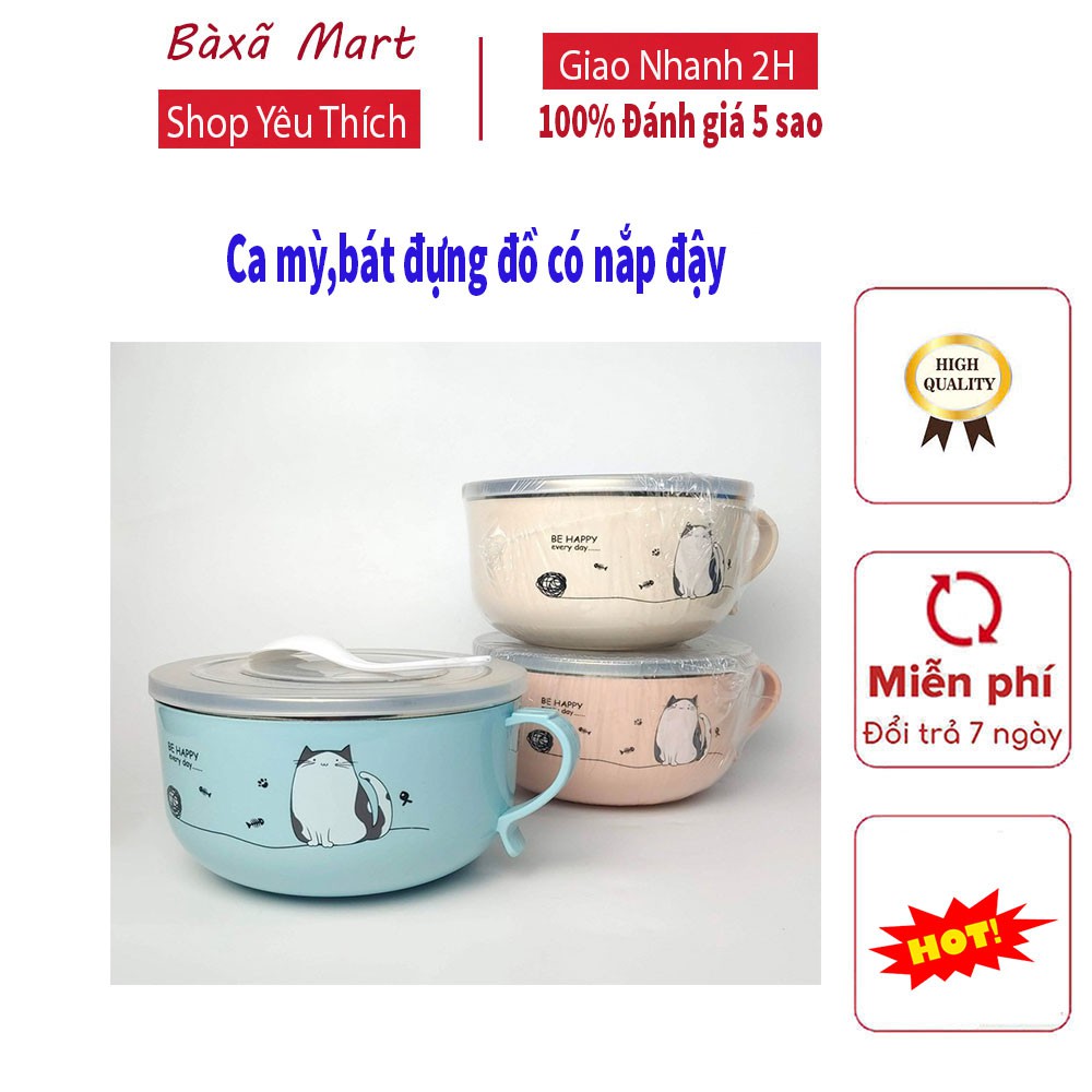 Bát ăn-Ly đựng cháo,mỳ thức ăn 2 lớp có nắp đậy chống nóng lõi inox 16cm