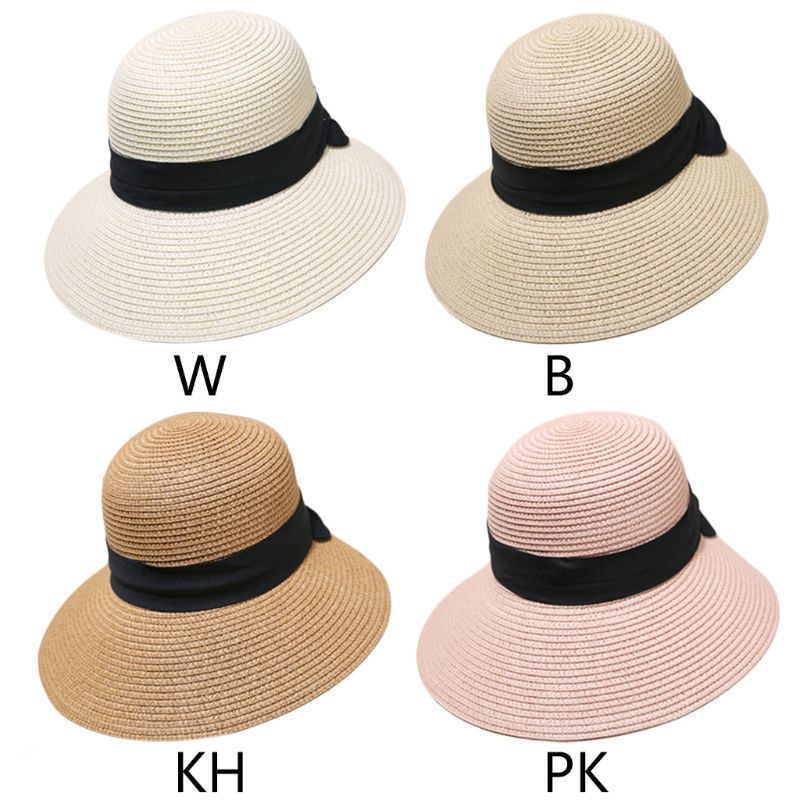 Nón Cối Rộng Vành Phối Nơ Màu Đen Chống Tia UV Thời Trang Đi Biển Mùa Hè Cho Nữ
