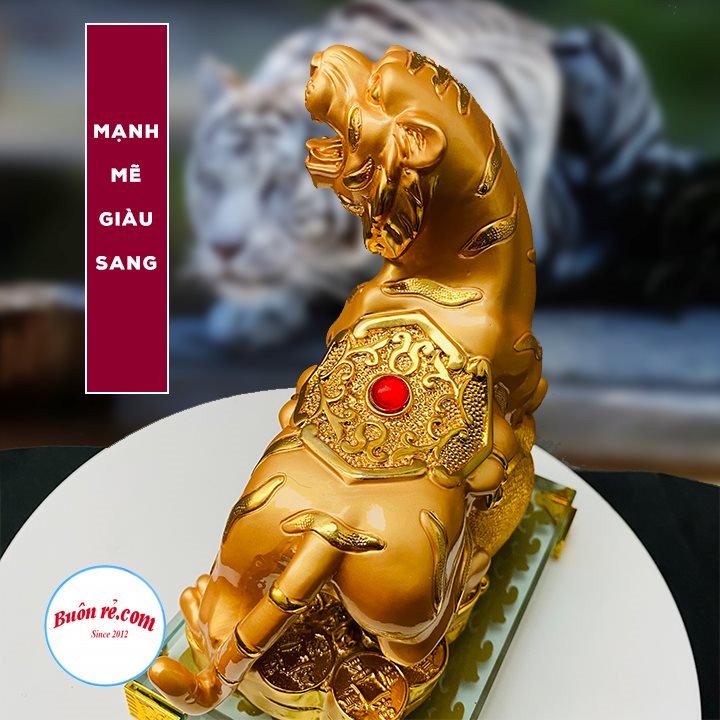 (QUÀ TẾT) Hổ vàng lưng ngọc phước đáo chiêu tài lộc may mắn đế thủy tinh 01498