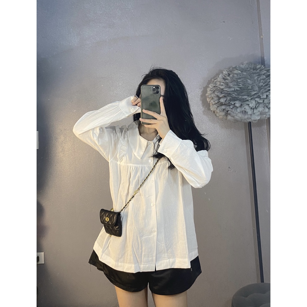 [Ảnh Thật] Áo Sơ-mi Nữ Thô Đũi Mềm Viền Bèo 2 Màu Trắng/Nâu | BigBuy360 - bigbuy360.vn