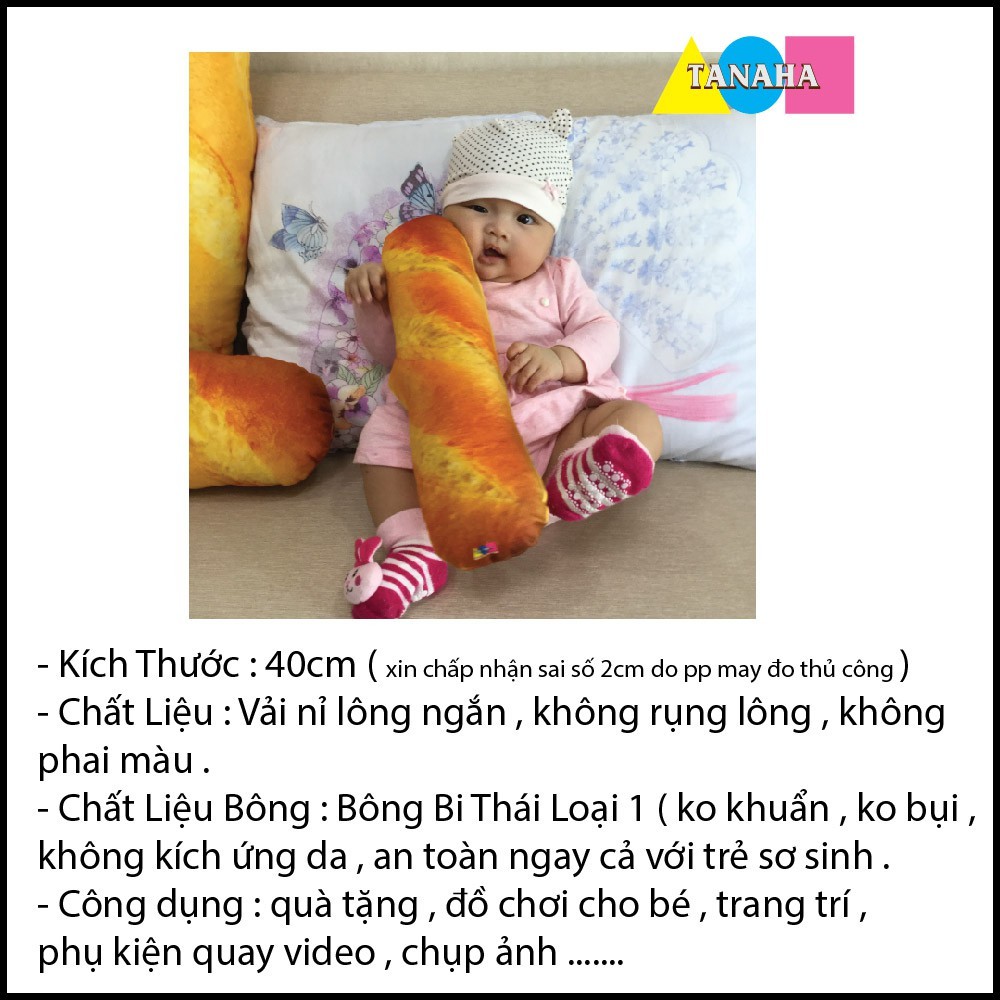 Gối ôm 3D Bánh Mì Nhồi Bông Cho Bé An Toàn Êm Ái , Gấu Bông Bánh Mì Cho Bé size 40cm Nhồi Gòn Bi Loại 1