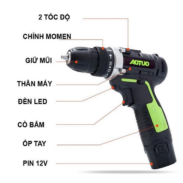 MÁY KHOAN PIN AOTOU 12V CÓ ĐẢO CHIỀU DÙNG BẮT VÍT