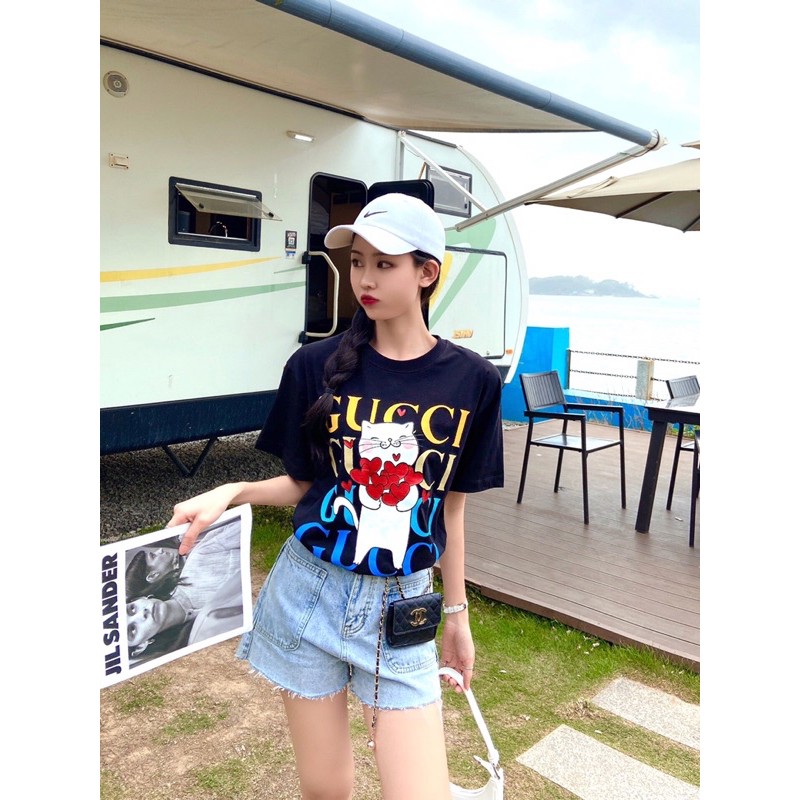 Áo phông nam nữ Gucci GC hàng cao cấp in hình mèo trépg logo thương hiệu siêu đẹp