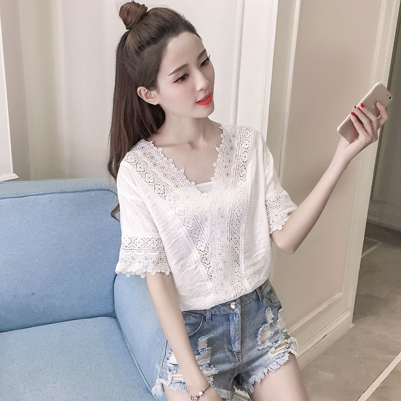 FREESHIP ĐƠN 99K_ Áo tay ngắn cổ chữ V phối ren hoa thời trang cho nữ