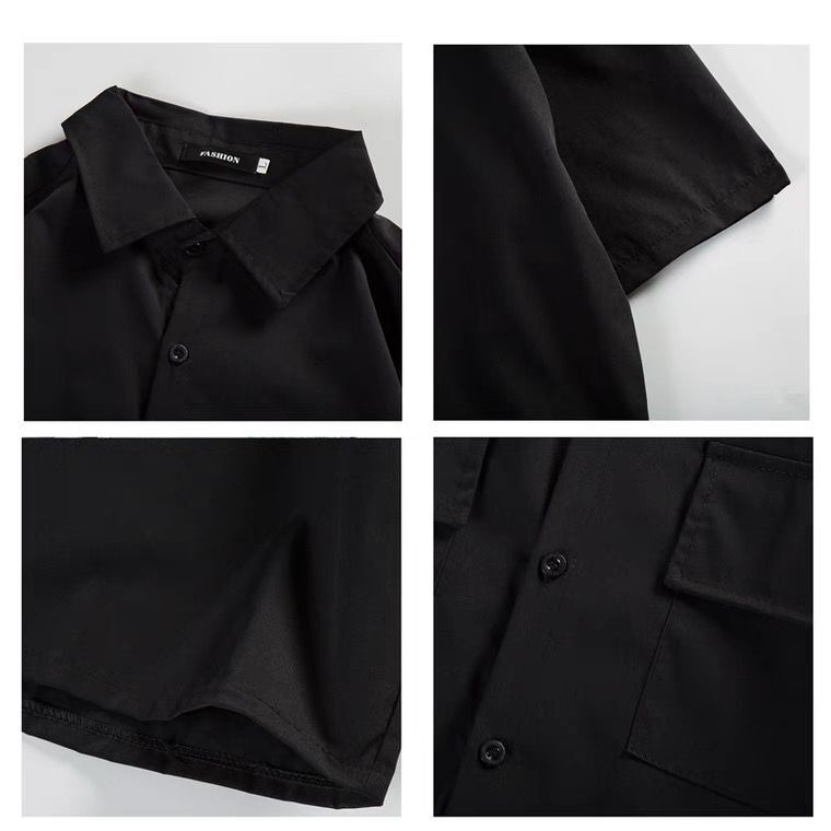 Áo sơ mi đen ngắn tay dáng rộng phối túi phong cách thời trang Hàn Quốc cho nam