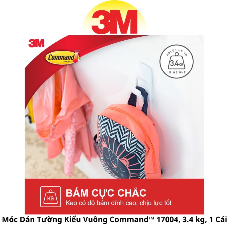 Móc Dán Tường Kiểu Vuông Command 17004, 3.4 kg, 1 Cái Bám cực chắc, Tháo cực dễ mà không để lại vết keo