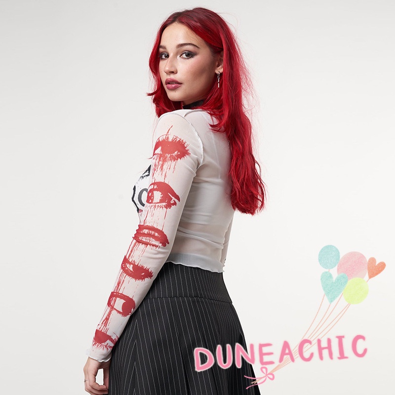 DUNEA Áo thun tay dài phối lưới in họa tiết cá tính thời trang cho nữ