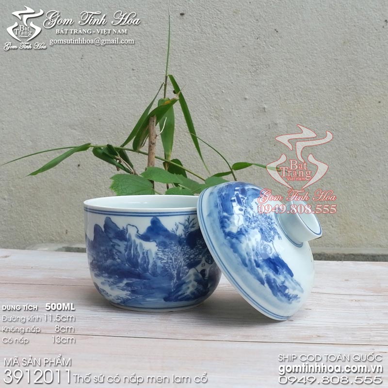 Thố sứ men lam cổ vẽ sơn thủy gốm sứ Bát Tràng